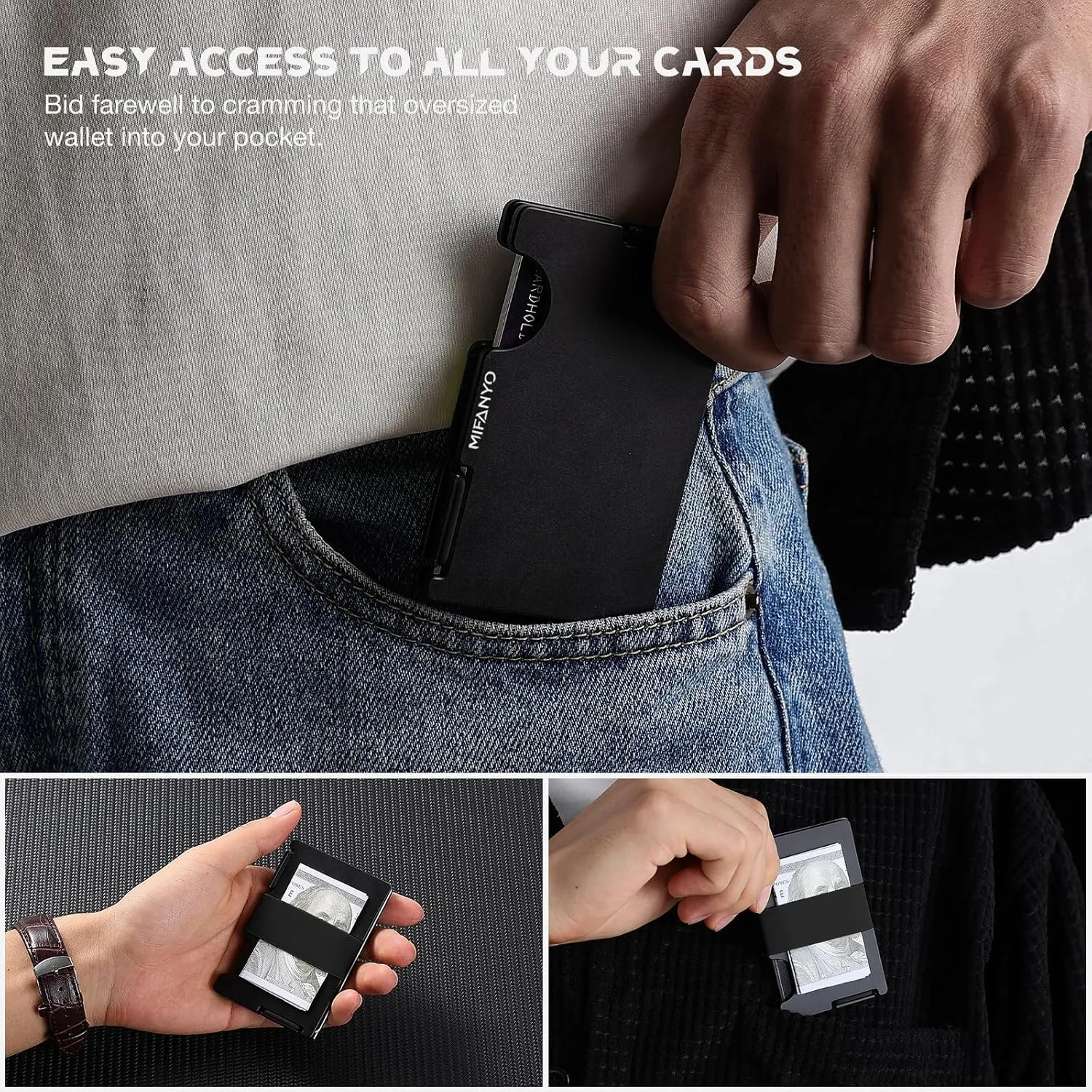 Wallet for Men, Minimalist Card Holder with Cash Strap, Slim Metal Front Pocket Wallet, RFID Blocking, Black, PM-01