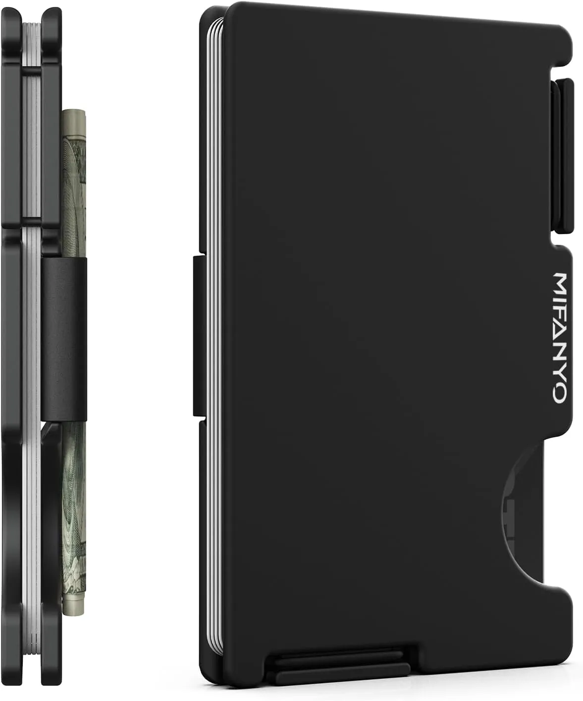 Wallet for Men, Minimalist Card Holder with Cash Strap, Slim Metal Front Pocket Wallet, RFID Blocking, Black, PM-01