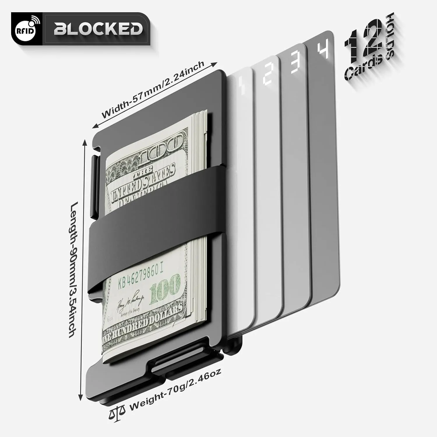 Wallet for Men, Minimalist Card Holder with Cash Strap, Slim Metal Front Pocket Wallet, RFID Blocking, Black, PM-01