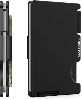 Wallet for Men, Minimalist Card Holder with Cash Strap, Slim Metal Front Pocket Wallet, RFID Blocking, Black, PM-01