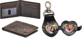 Wise Owl Accessories Real Leather Mens Bifold Wallet RFID Blocking Slim Minimalist & 3D Leather Keychain Cute Heart shape Leather Keyring Handbag Purse Charm Key Ring | Pack of 2