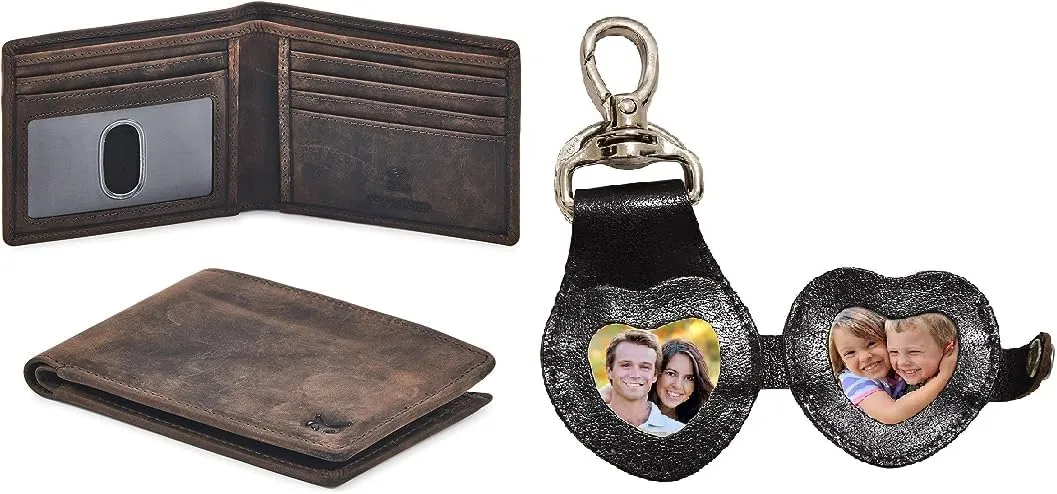 Wise Owl Accessories Real Leather Mens Bifold Wallet RFID Blocking Slim Minimalist & 3D Leather Keychain Cute Heart shape Leather Keyring Handbag Purse Charm Key Ring | Pack of 2