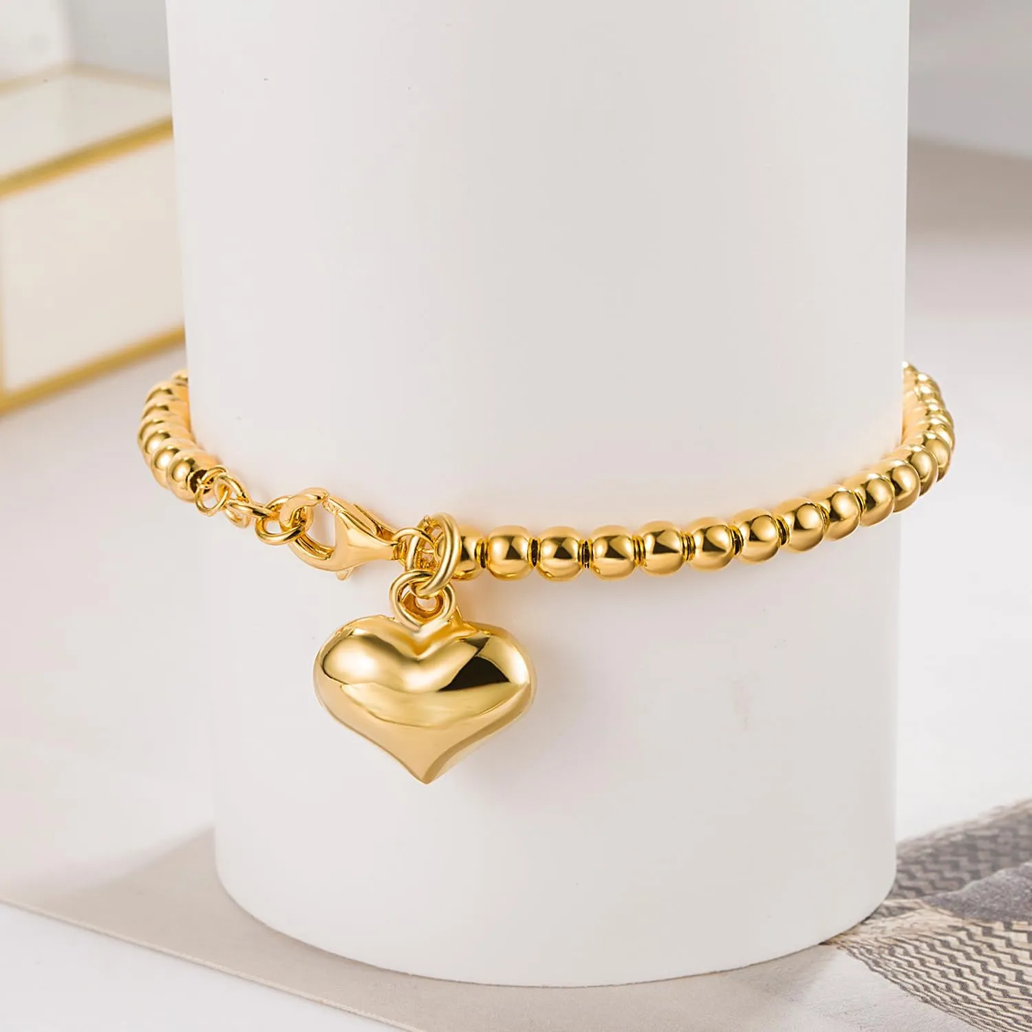 Women 925 Sterling Silver Round Bead Bracelet Minimalist 4-6MM 13-21CM Bell and Heart Pendant Prayer Beads Link Chain Bracelet Men Charm Jewelry Gift