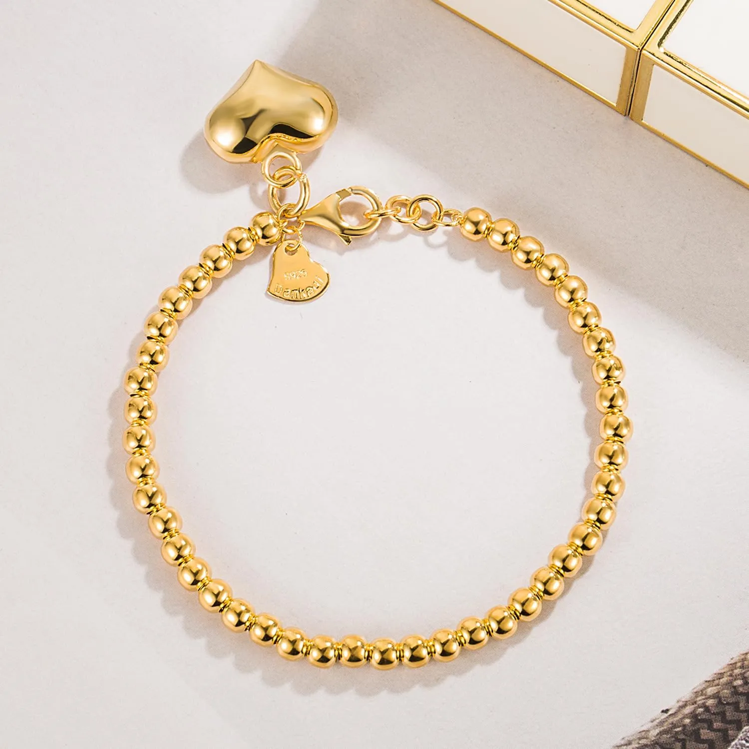 Women 925 Sterling Silver Round Bead Bracelet Minimalist 4-6MM 13-21CM Bell and Heart Pendant Prayer Beads Link Chain Bracelet Men Charm Jewelry Gift