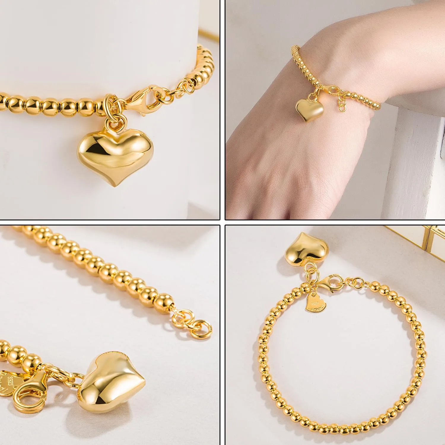 Women 925 Sterling Silver Round Bead Bracelet Minimalist 4-6MM 13-21CM Bell and Heart Pendant Prayer Beads Link Chain Bracelet Men Charm Jewelry Gift