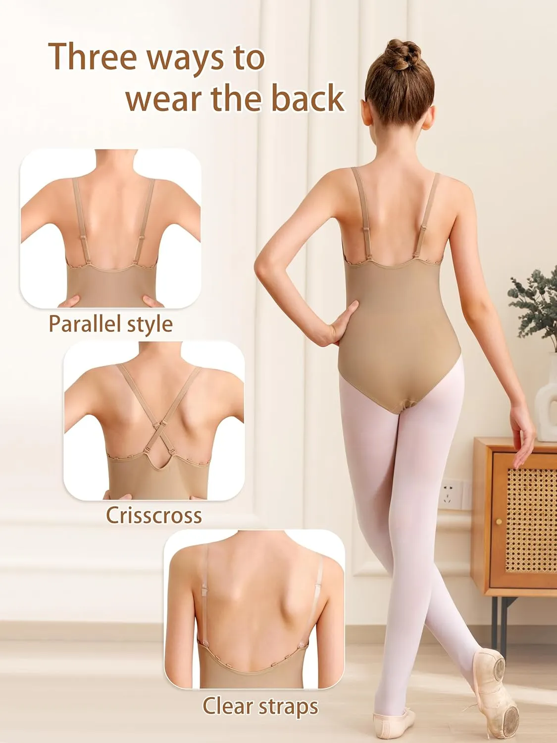 Women and Girls Seamless Nude Leotard Camisole Dance Leotard for Ballet Undergarment Leotard with Clear Straps