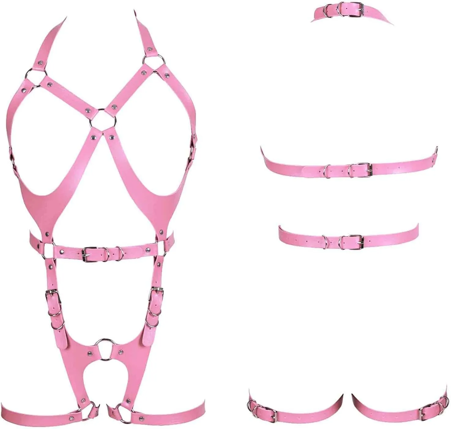 Women Punk Leather Body Harness Lingerie Leg Straps Chest Caged Belt Set Goth Punk Clothing