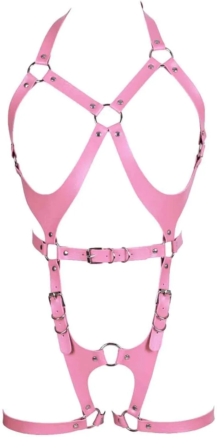 Women Punk Leather Body Harness Lingerie Leg Straps Chest Caged Belt Set Goth Punk Clothing