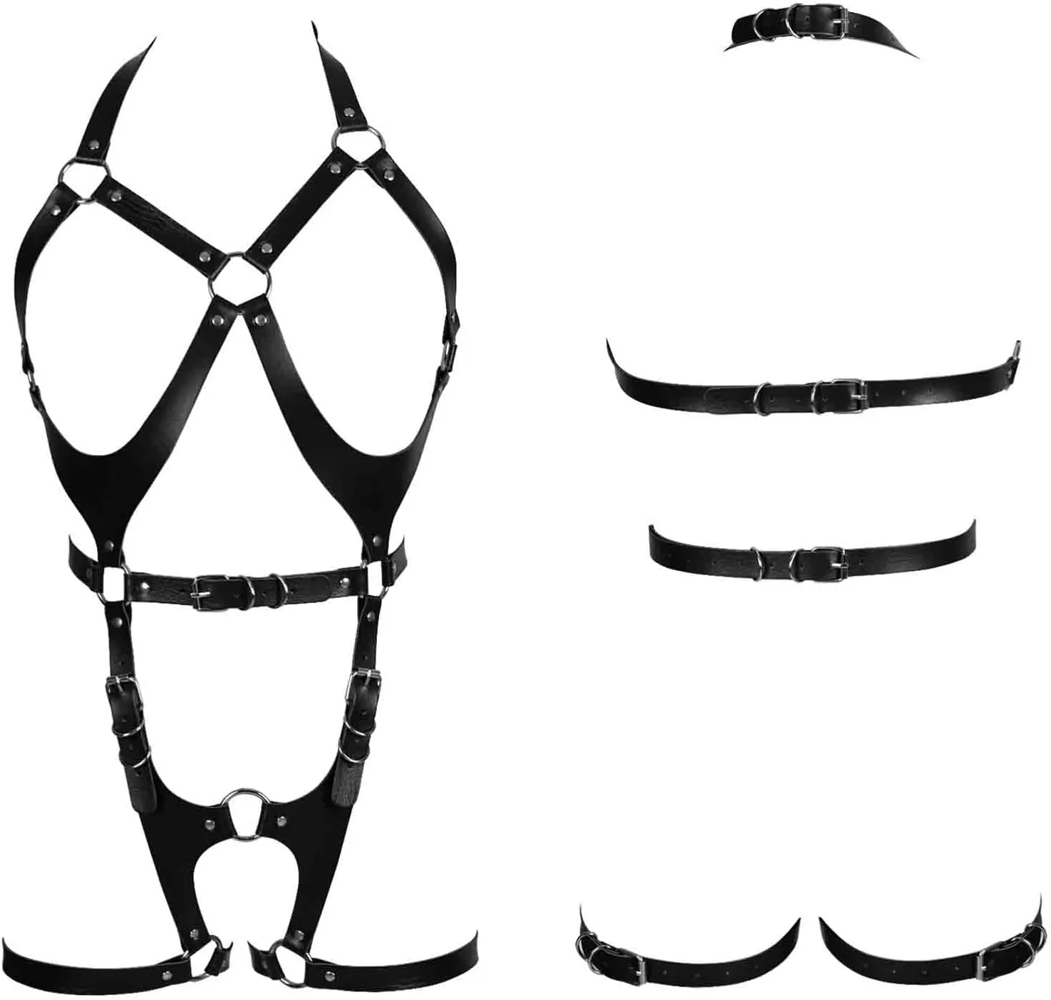 Women Punk Leather Body Harness Lingerie Leg Straps Chest Caged Belt Set Goth Punk Clothing