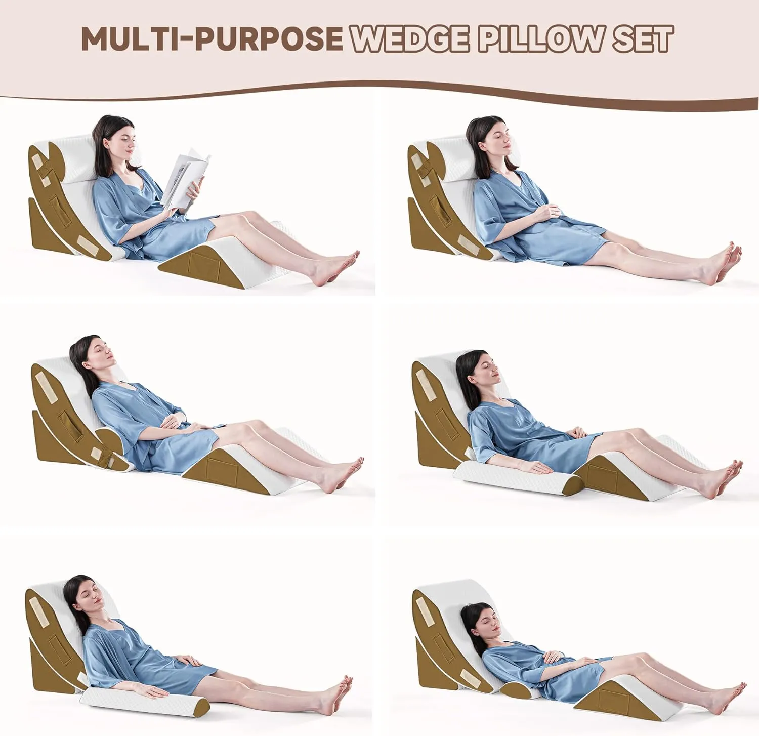 Yojoker 4PCS Orthopedic Bed Wedge Pillow Set for Sleeping, Post Surgery Foam Pillow for Body, Back and Leg Pain Relief, Triangle Adjustable Support Pillow - Acid Reflux Sleeping Pillows Brown
