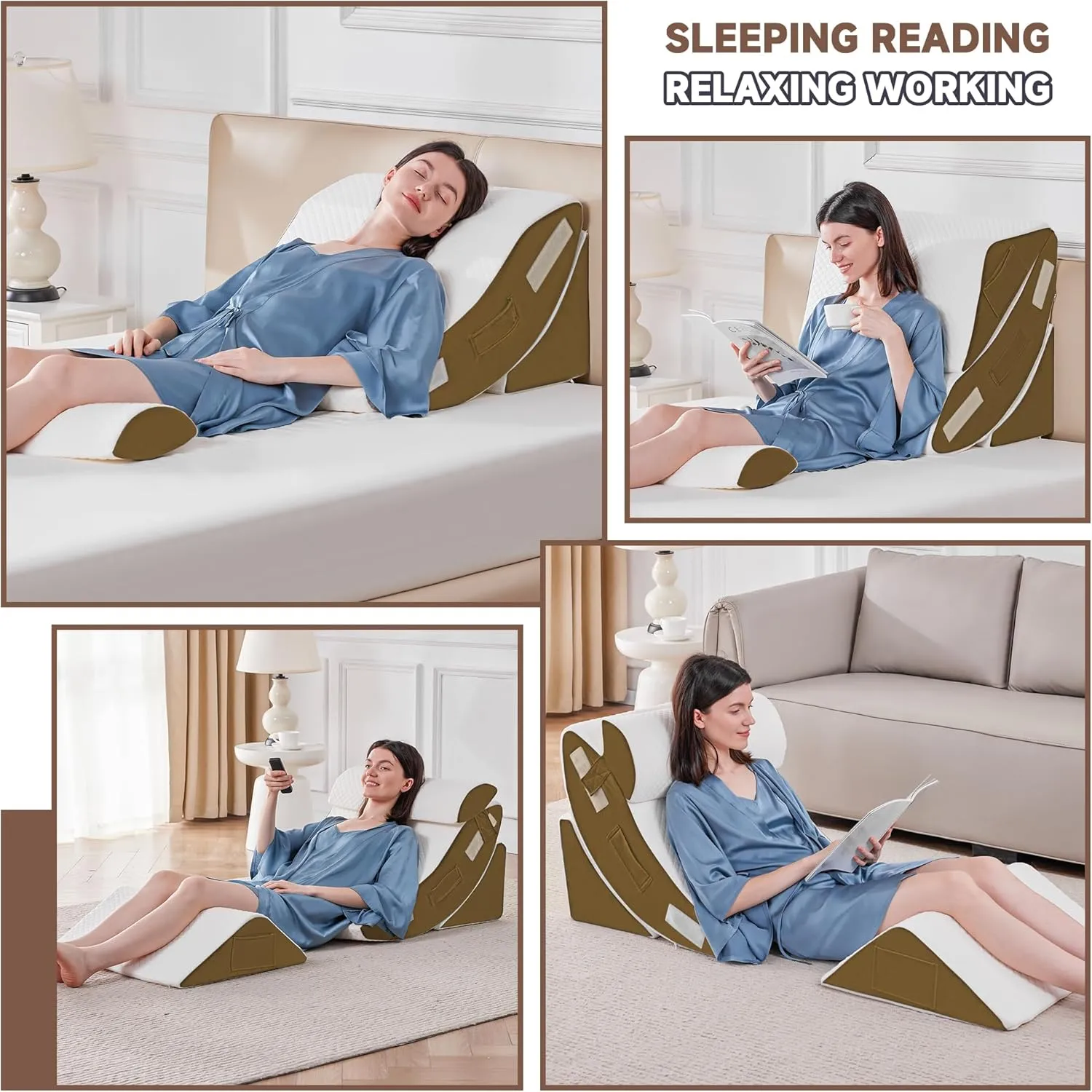 Yojoker 4PCS Orthopedic Bed Wedge Pillow Set for Sleeping, Post Surgery Foam Pillow for Body, Back and Leg Pain Relief, Triangle Adjustable Support Pillow - Acid Reflux Sleeping Pillows Brown