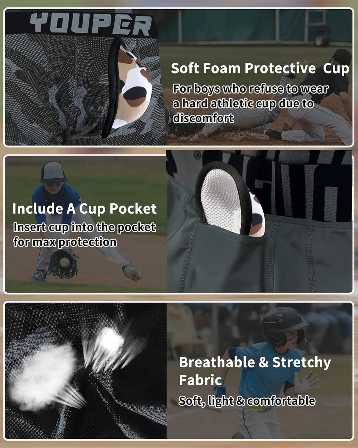 Youper 2 Pack Youth Brief with Soft Protective Athletic Cup, Youth Compression Underwear for Baseball & Football