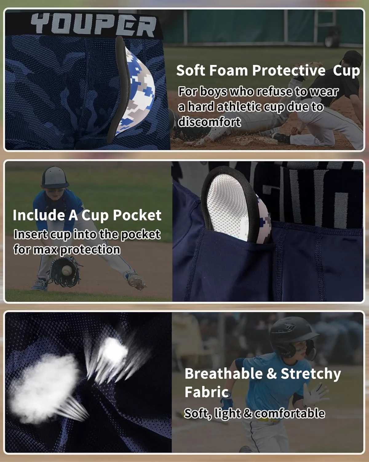 Youper Youth Elite Boxer Briefs w/Soft Athletic Cup, Boys Stretch Boxer Jock for Baseball & Football