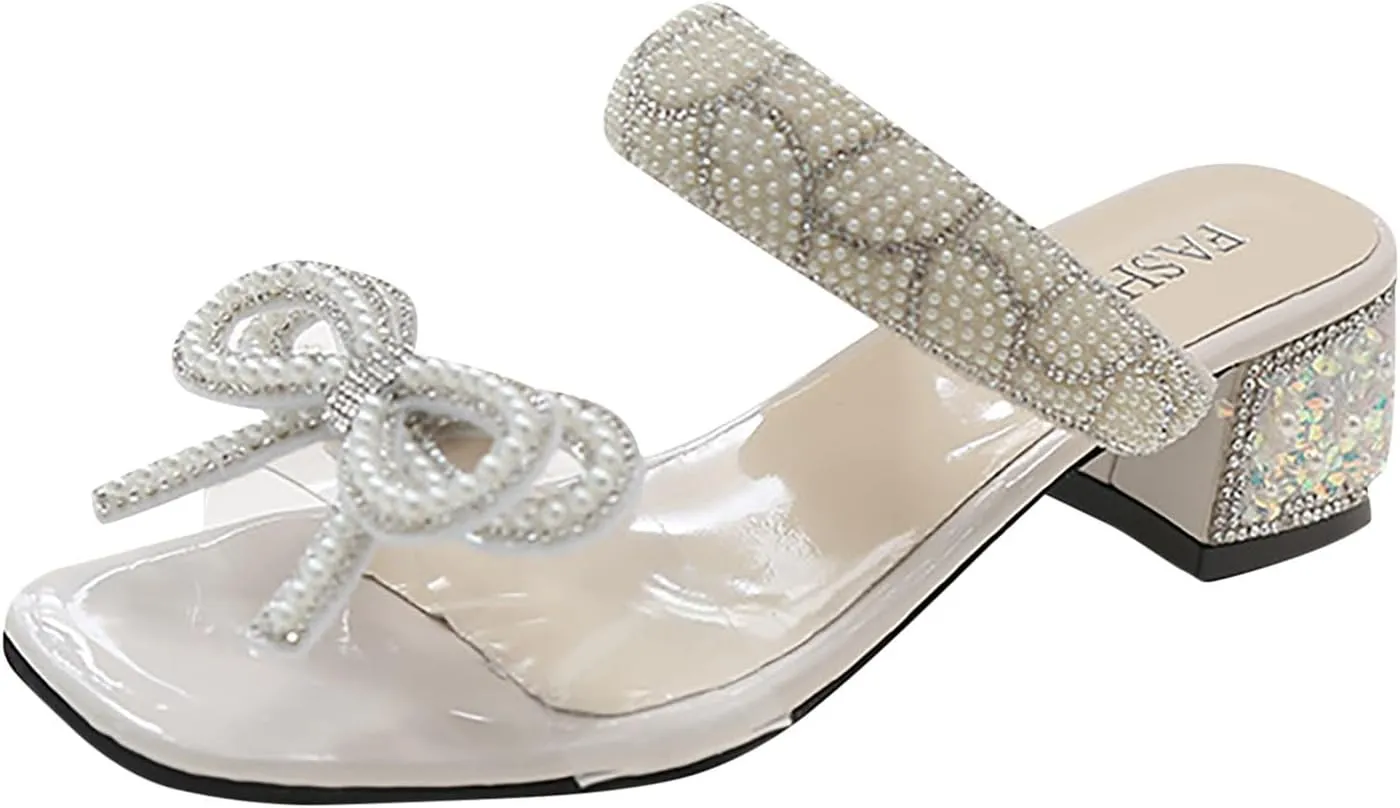 ZSpzx Women's Heels Sandals with Bow Rhinestones Pearls Sparkly Strap Square Toe Low Heeled Slip On Chunky Slides Sandal Backless Fashion Cute Dressy Shoes for Wedding Bridal Evening Cocktail