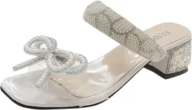 ZSpzx Women's Heels Sandals with Bow Rhinestones Pearls Sparkly Strap Square Toe Low Heeled Slip On Chunky Slides Sandal Backless Fashion Cute Dressy Shoes for Wedding Bridal Evening Cocktail