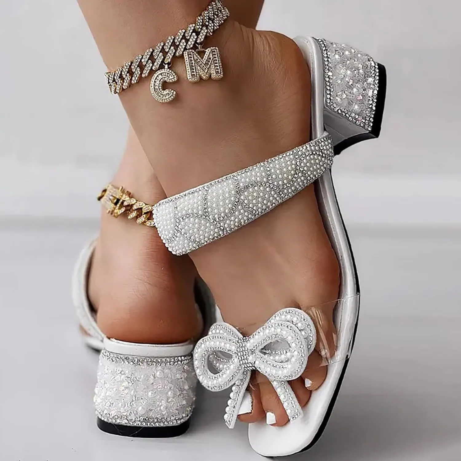 ZSpzx Women's Heels Sandals with Bow Rhinestones Pearls Sparkly Strap Square Toe Low Heeled Slip On Chunky Slides Sandal Backless Fashion Cute Dressy Shoes for Wedding Bridal Evening Cocktail